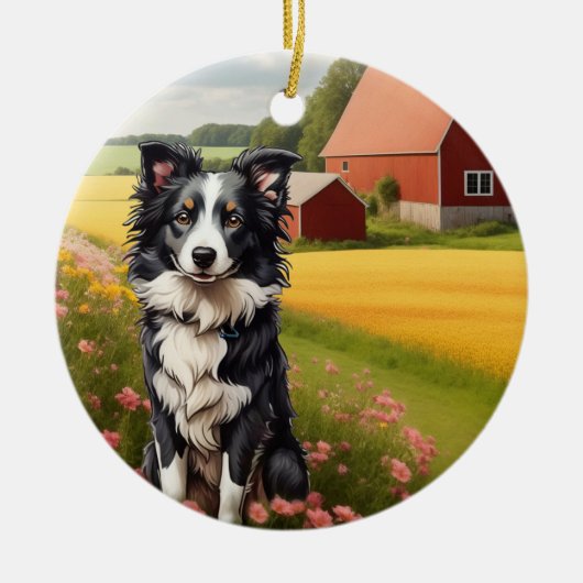 Border Collie op boerderij Keramisch Ornament (Voorkant)