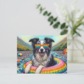 Border Collie op een Rainbow Color Float Briefkaart (Staand voorkant)