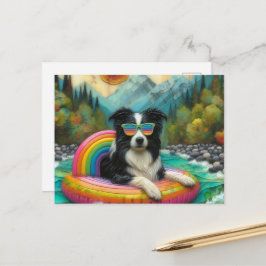 Border Collie op een regenboogkleurige vlot Briefkaart