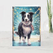 Border Collie op ijs met feestelijke sjaal Kaart (Voorkant)