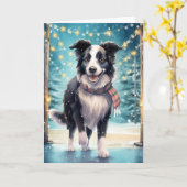 Border Collie op ijs met feestelijke sjaal Kaart (Gele Bloem)