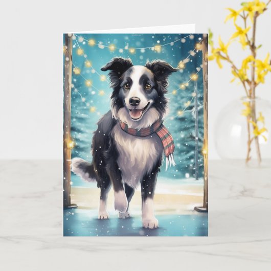 Border Collie op ijs met feestelijke sjaal Kaart (Gele Bloem)