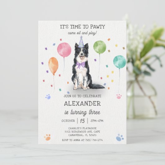 Border Collie Pawty Dog Puppy Verjaardag Blauw Kaart (Staand voorkant)