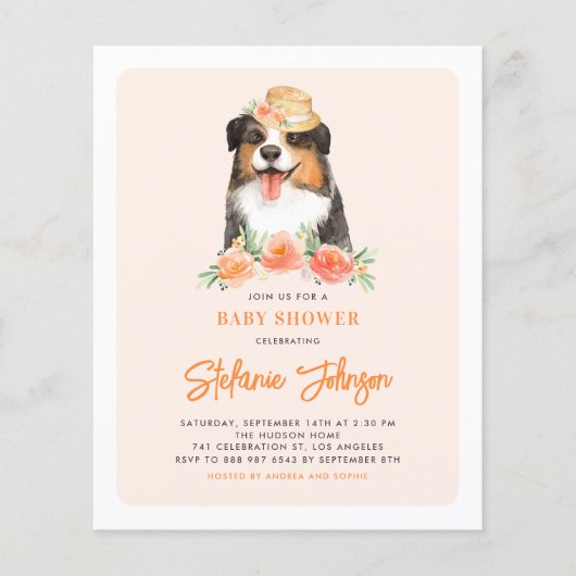 Border Collie Peach Floral Baby shower Uitnodiging (Voorkant)