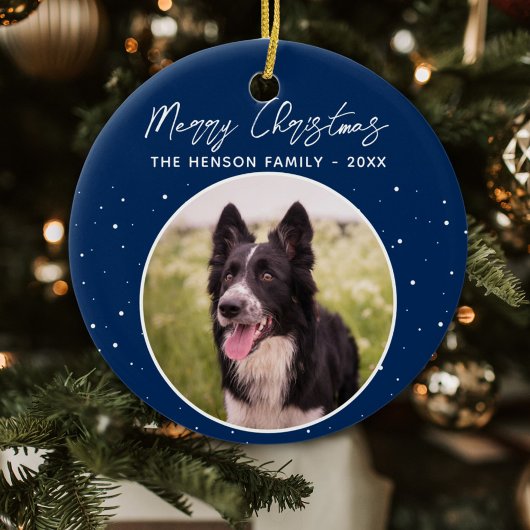 Border Collie Photo Family Merry KerstBlue Keramisch Ornament