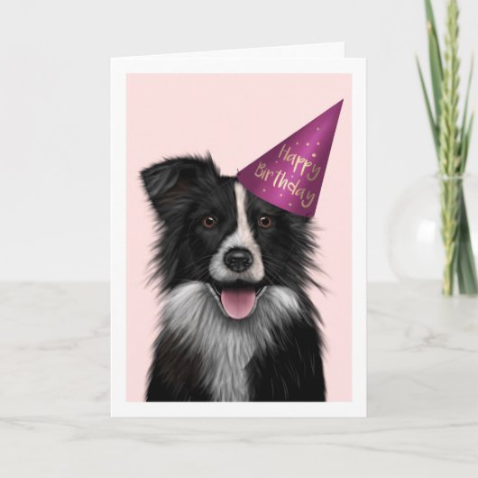Border Collie Pink Birthday Wenskaart Kaart (Voorkant)