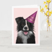 Border Collie Pink Birthday Wenskaart Kaart (Gele Bloem)