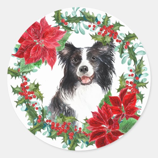 Border Collie Poinsettia Holly Holiday Wreate Ronde Sticker (Voorkant)