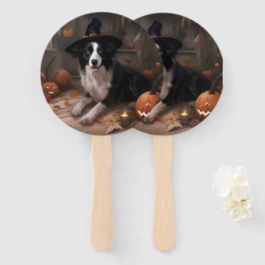 Border Collie Pompoenen Halloween Griezelen Handwaaier (Voorkant en achterkant)