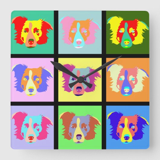 Border Collie Pop Art Vierkante Klok (Voorkant)