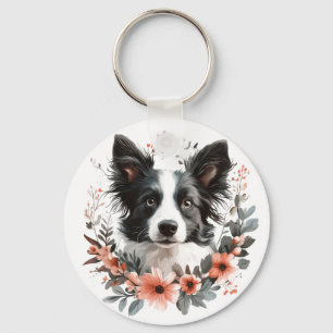 Border Collie-portret met bloemenkader Sleutelhanger