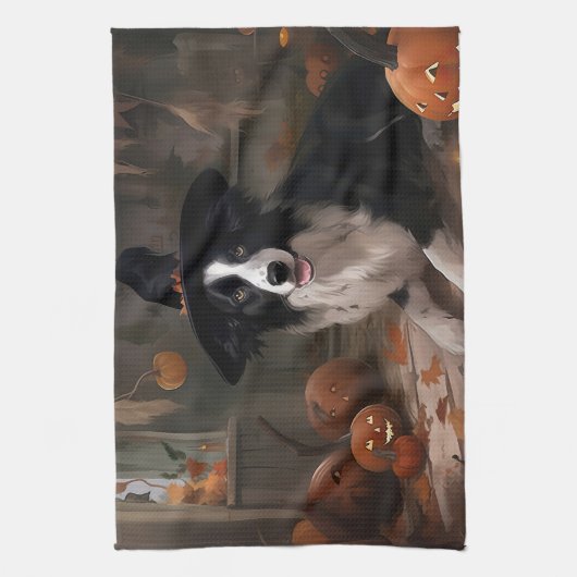 Border Collie Pumpkins Halloween Eng Theedoek (Verticaal)