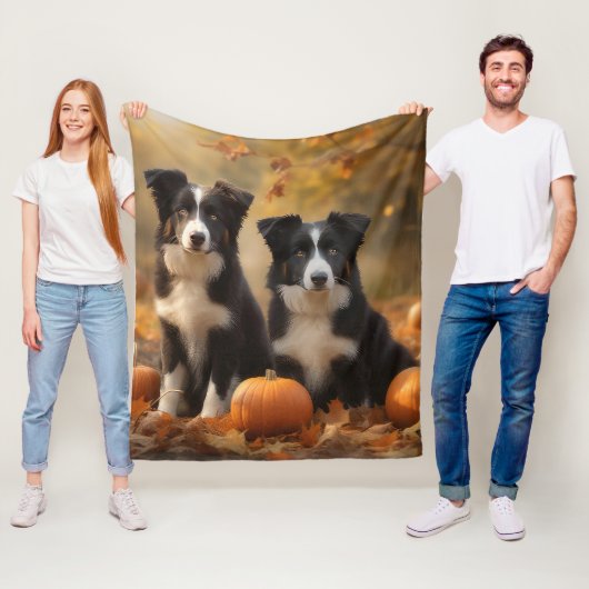 Border Collie Puppy Autumn Delight Pompoen Fleece Deken (In situ)