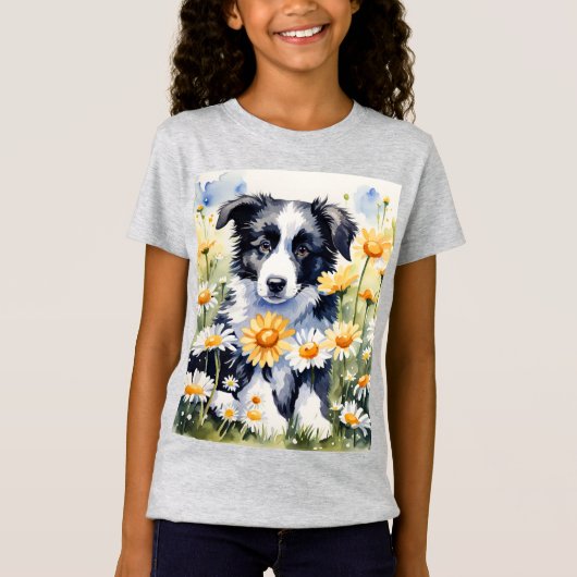 Border Collie Puppy Daisy Flower Girls T Shirt (Voorkant)