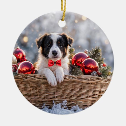 Border Collie Puppy Dog Kerstvakantie Keramisch Ornament (Voorkant)