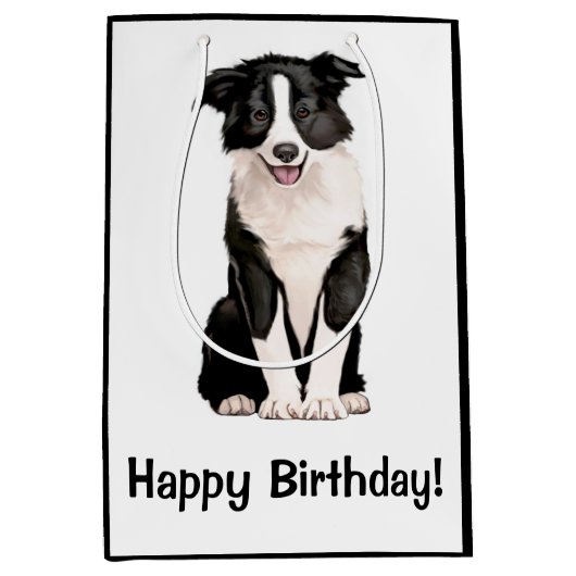 Border Collie Puppy Happy Birthday Medium Cadeauzakje (Voorkant)