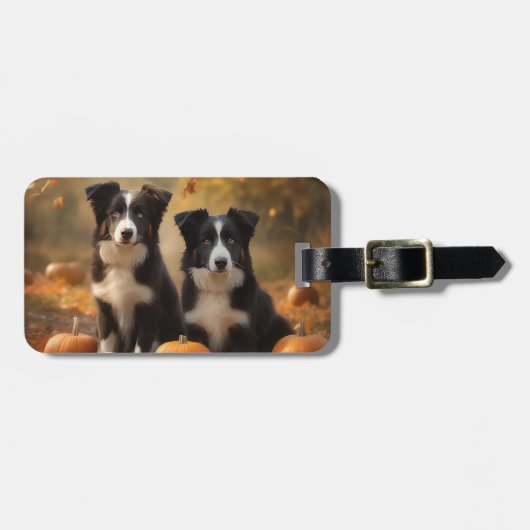 Border Collie Puppy Herfst Delight Pompoen Bagagelabel (Voorkant horizontaal)