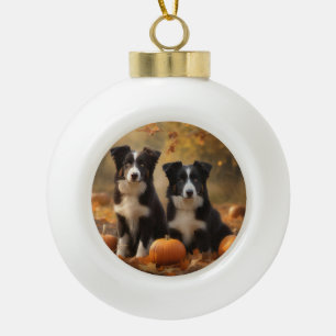 Border Collie Puppy Herfst Delight Pompoen Keramische Bal Ornament