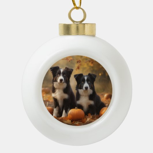 Border Collie Puppy Herfst Delight Pompoen Keramische Bal Ornament (Voorkant)