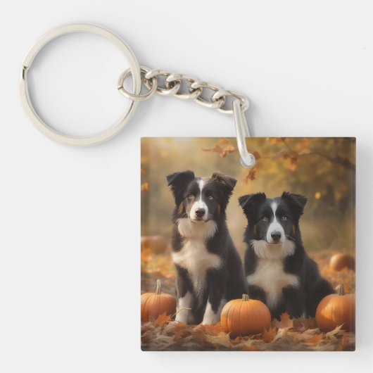 Border Collie Puppy Herfst Delight Pompoen Sleutelhanger (Voorkant)