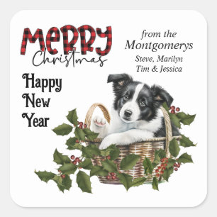 Border Collie Puppy Holly Basket Kerstmis Vierkante Sticker