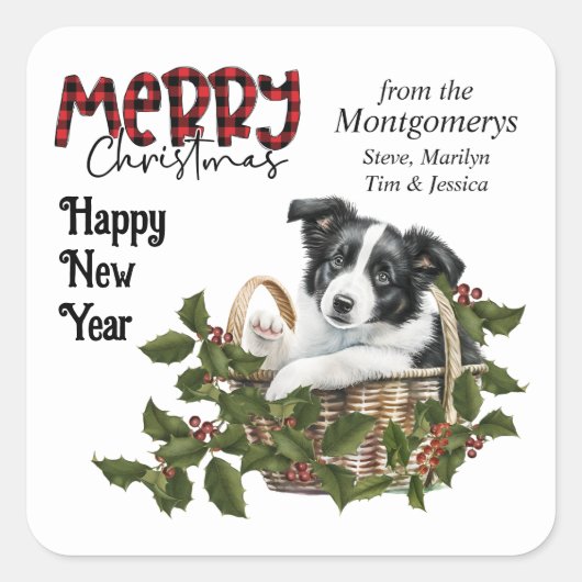 Border Collie Puppy Holly Basket Kerstmis Vierkante Sticker (Voorkant)