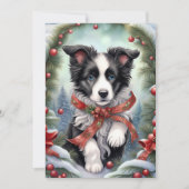 Border Collie Puppy Ribbons Winter Woodlands Feestdagenkaart (Voorkant)