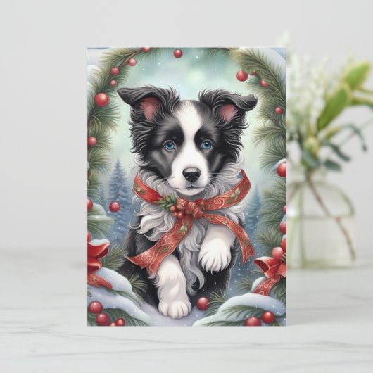 Border Collie Puppy Ribbons Winter Woodlands Feestdagenkaart (Staand voorkant)