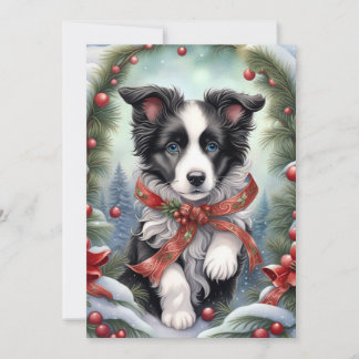 Border Collie Puppy Ribbons Winter Woodlands Feestdagenkaart