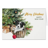 Border Collie Puppy Rieten Mand Kerstmis (Voorkant Horizontaal)