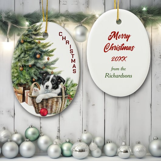 Border Collie Puppy Rieten Mand Kerstmis Keramisch Ornament