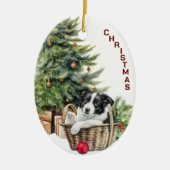Border Collie Puppy Rieten Mand Kerstmis Keramisch Ornament (Voorkant)