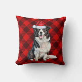 Border Collie Red Buffalo Plaid Kersthond Kussen