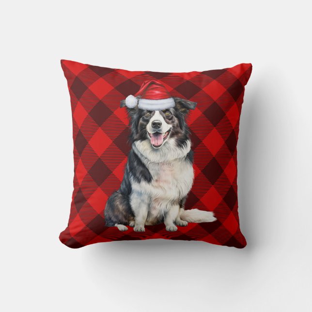 Border Collie Red Buffalo Plaid Kersthond Kussen (Voorkant)