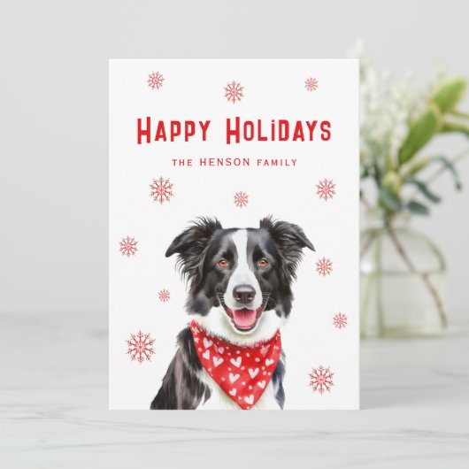 Border Collie Red Heart Bandana Christmas Feestdagenkaart (Staand voorkant)