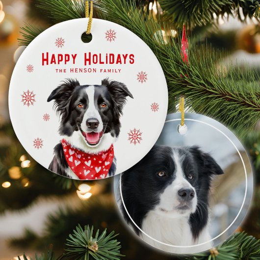 Border Collie Red Heart Bandana Kerstfoto Keramisch Ornament