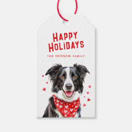 Border Collie Red Heart Bandana Kerstmis Cadeaulabel