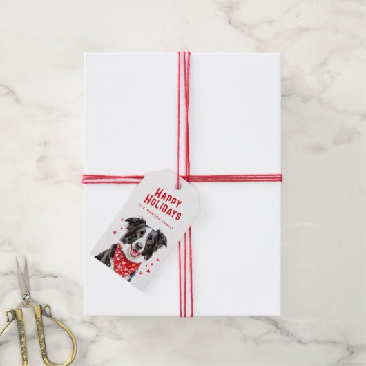 Border Collie Red Heart Bandana Kerstmis Cadeaulabel (Met Touw)