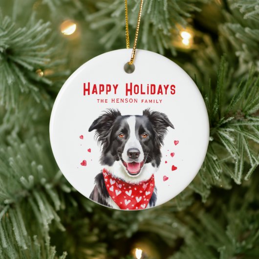 Border Collie Red Heart Bandana Kerstmis Keramisch Ornament (Boom)