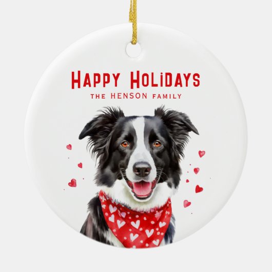 Border Collie Red Heart Bandana Kerstmis Keramisch Ornament (Achterkant)