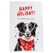 Border Collie Red Heart Bandana Kerstmis Medium Cadeauzakje (Voorkant)