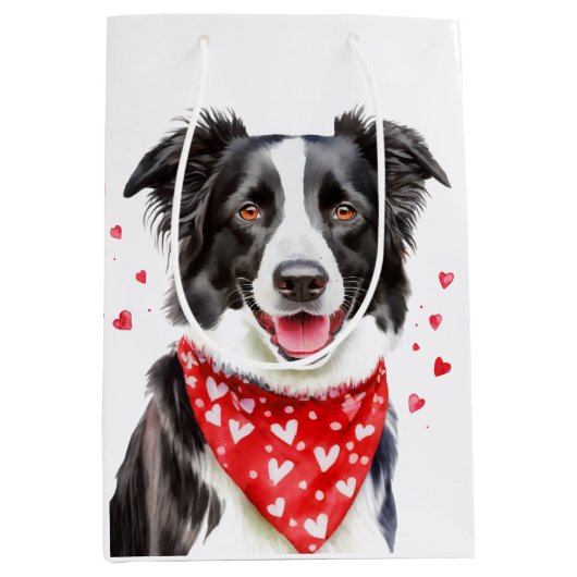 Border Collie Red Heart Bandana Kerstmis Medium Cadeauzakje (Voorkant)