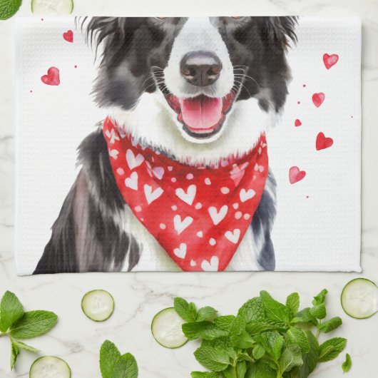 Border Collie Red Heart Bandana Kerstmis Theedoek (Gevouwen)