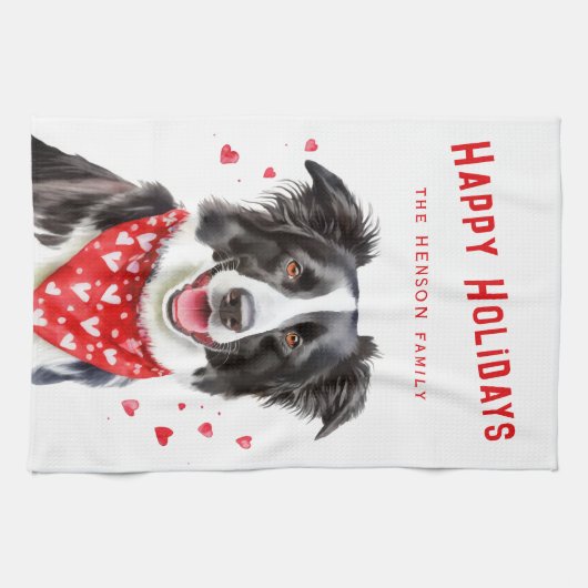 Border Collie Red Heart Bandana Kerstmis Theedoek (Horizontaal)