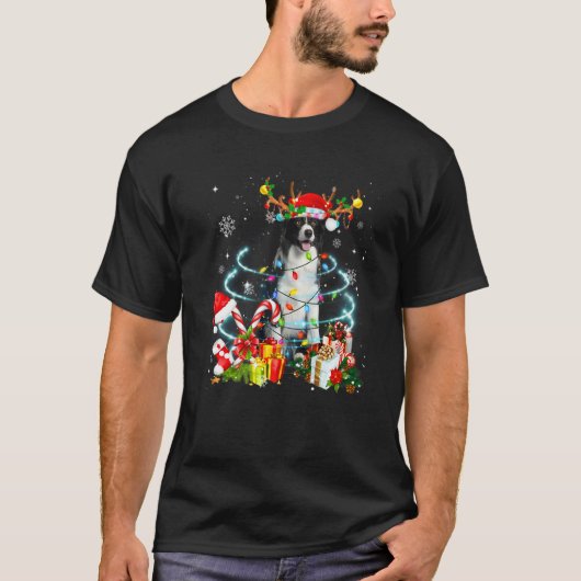 Border Collie Reindeer Christmas Tree Lights Pajam T-shirt (Voorkant)