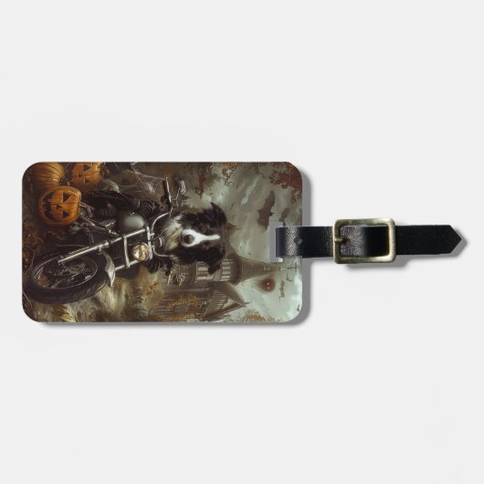 Border Collie Riding Motorfiets Halloween Eng Bagagelabel (Voorkant horizontaal)