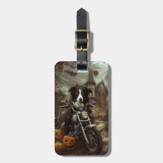 Border Collie Riding Motorfiets Halloween Eng Bagagelabel (Voorkant verticaal)