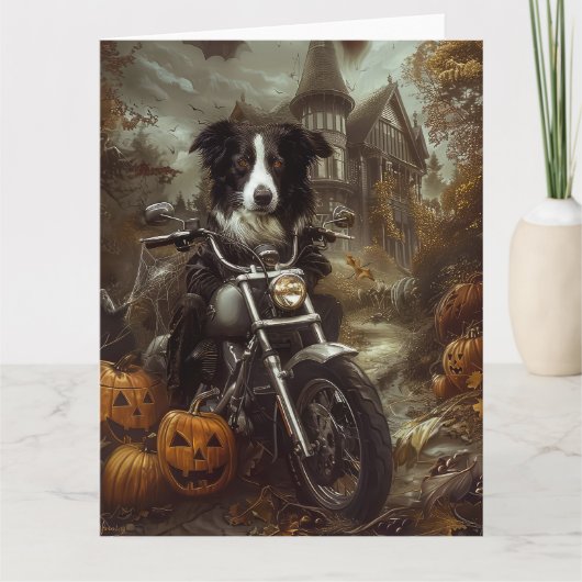 Border Collie Riding Motorfiets Halloween Eng Kaart (Voorkant)