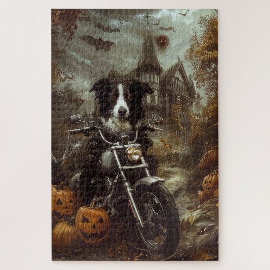 Border Collie Riding Motorfiets Halloween Eng Legpuzzel (Verticaal)