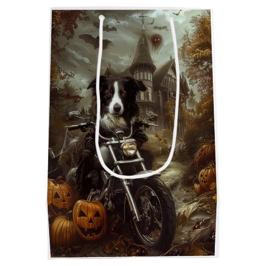 Border Collie Riding Motorfiets Halloween Eng Medium Cadeauzakje (Achterkant)